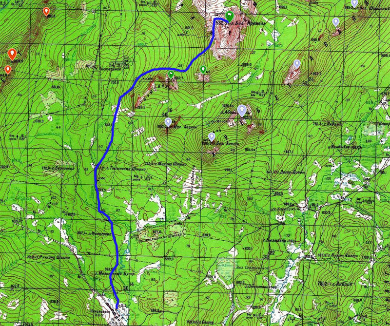 Карта маршрута на гору Большой Иремель со стороны Николаевки