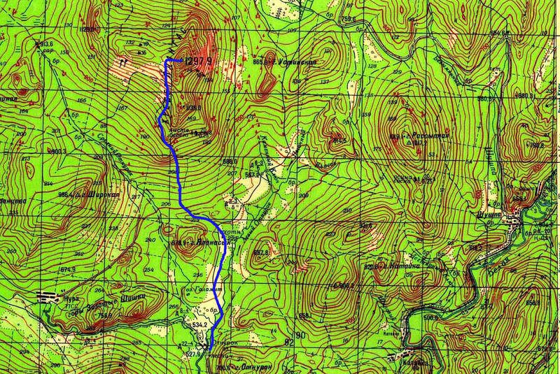 Карта маршрута на гору Ялангас со стороны поселка Отнурок