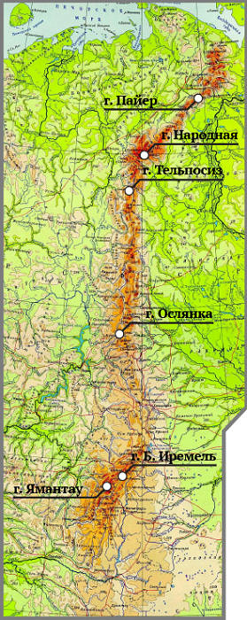 Карта расположения высших точек Урала