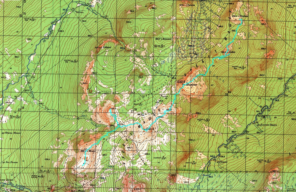 Карта Маршрута гор. Ягодная (хр. Машак) - гор. Кобея - гор. Широкая - гор. 1303- 1333- 1245 - гор. Машак 1286
