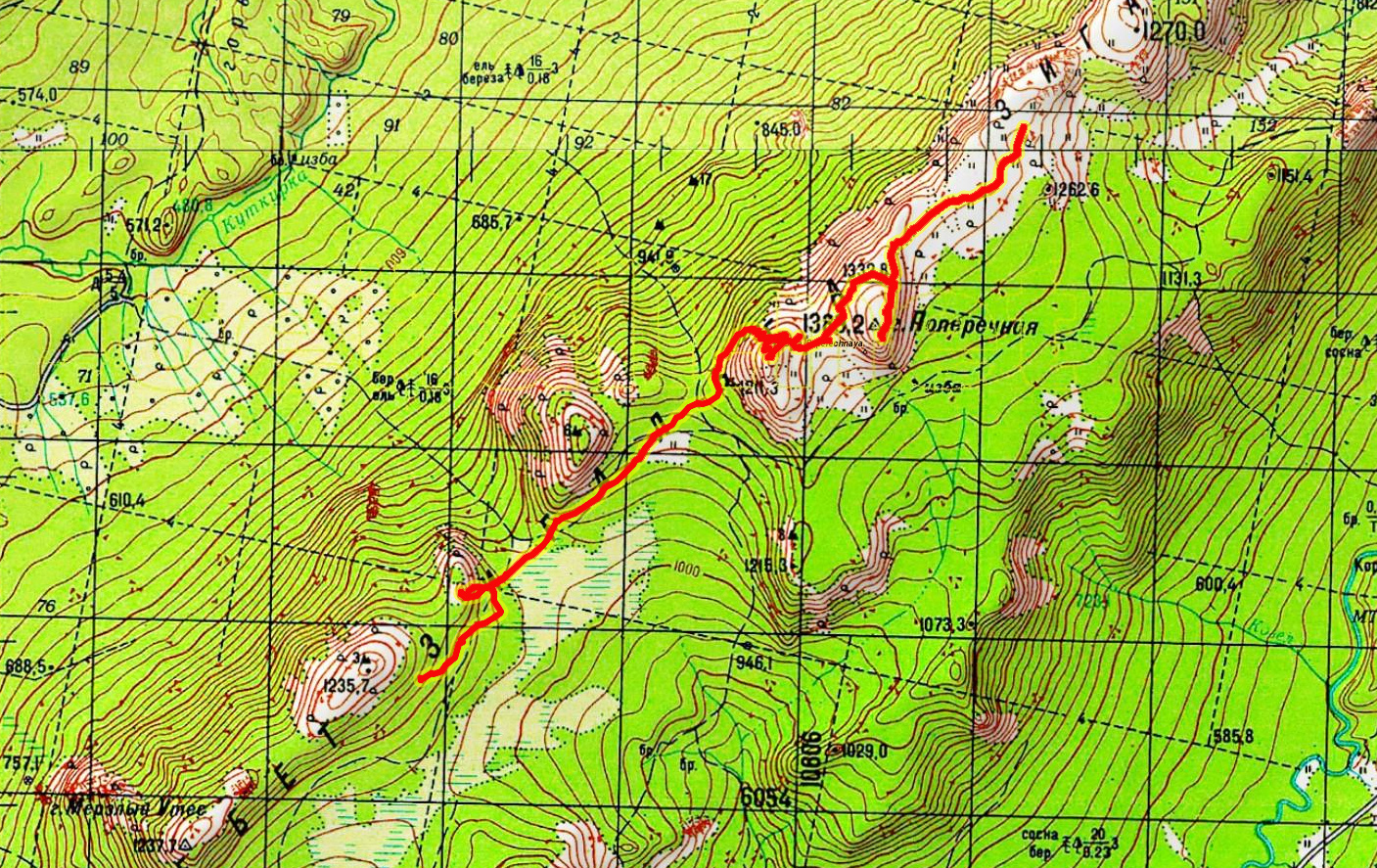 Карта 2 гора Поперечная - 1371 - Мохнатый Дол - 1235