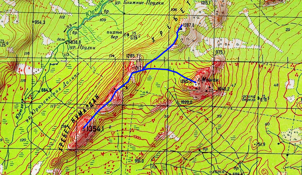 2 день карта гора Медвеждья - гора Колокольня - вершина 1287,8 хр. Кумардак